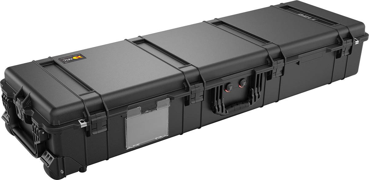 The 1770 Protector Long Case is a large, black PELI case with secure latches, carrying handles, and molded corners. Watertight and durable, it's designed to safely transport delicate or valuable equipment.