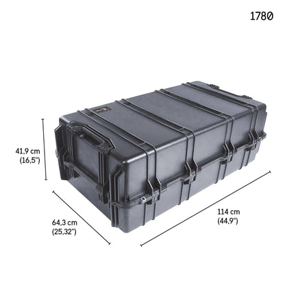 The black hard-shell 1780 Protector Transport Case features handles and measures 41.9 cm high, 64.3 cm wide, and 114 cm long. The number 1780 appears in the top right corner of this crushproof equipment case.