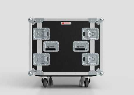 The 17U Double Bay Rack Case, featuring a black and silver design with metal reinforcements and four latches, is shown against a plain gray background.