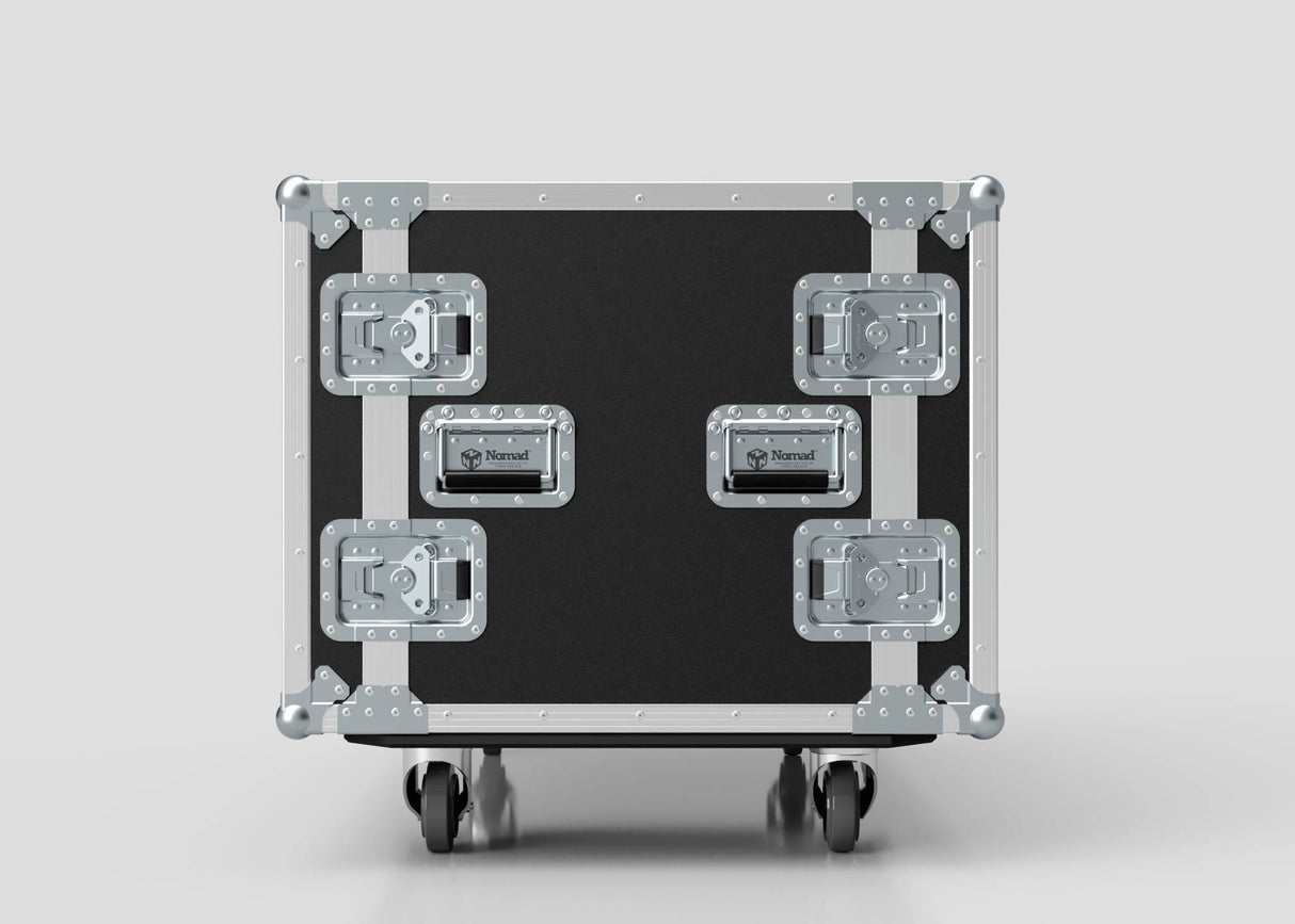 A 17U Double Bay Rack Case with metal corners, hinges, latches, and wheels is displayed against a plain light background.