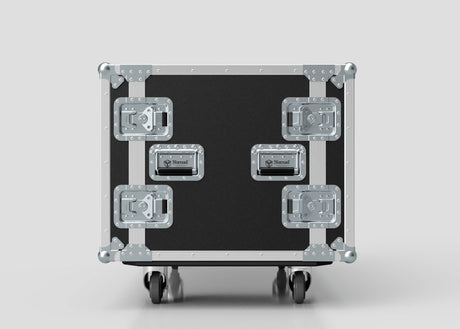 A 17U Double Bay Rack Case with metal corners, hinges, latches, and wheels is displayed against a plain light background.