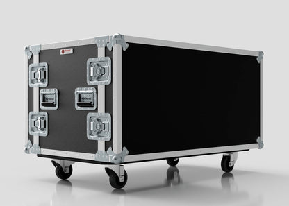 The 17U Double Bay Rack Case is a large black road case with metal edges and four caster wheels, shown against a plain light background.