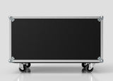 The 17U Double Bay Rack Case, a large black rectangular case with metal edges and corner protectors on four caster wheels, is displayed against a plain light background.