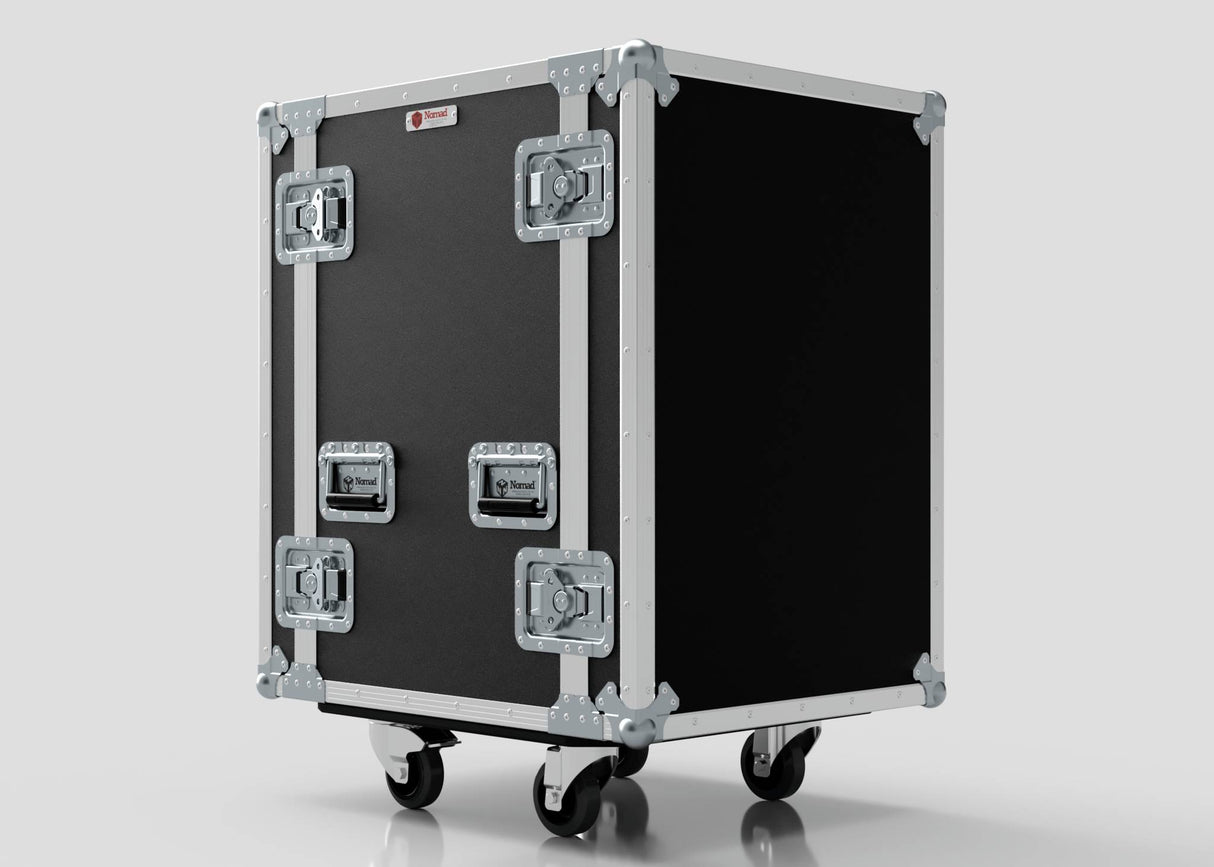 The 17U Foam Shock Mounted 19" Rack Case is a large black and silver flight case made from European Birch plywood with metal edges, corner protectors, four caster wheels, ensuring optimal equipment security on a light gray background.