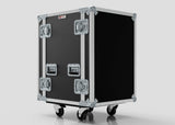 The 17U Foam Shock Mounted 19" Rack Case is a large black and silver flight case made from European Birch plywood with metal edges, corner protectors, four caster wheels, ensuring optimal equipment security on a light gray background.