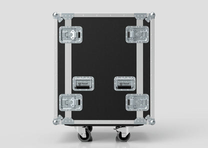 The 17U Foam Shock Mounted 19" Rack Case, a large black and silver rolling flight case made from European Birch plywood with metal reinforcements, latches, and handles, is shown upright against a white background.