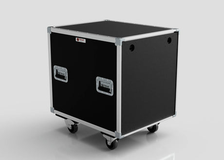 The 17U Shock Mount Slam Rack Case features black and silver design, metal edges, two side handles, and four caster wheels, shown against a plain light background.