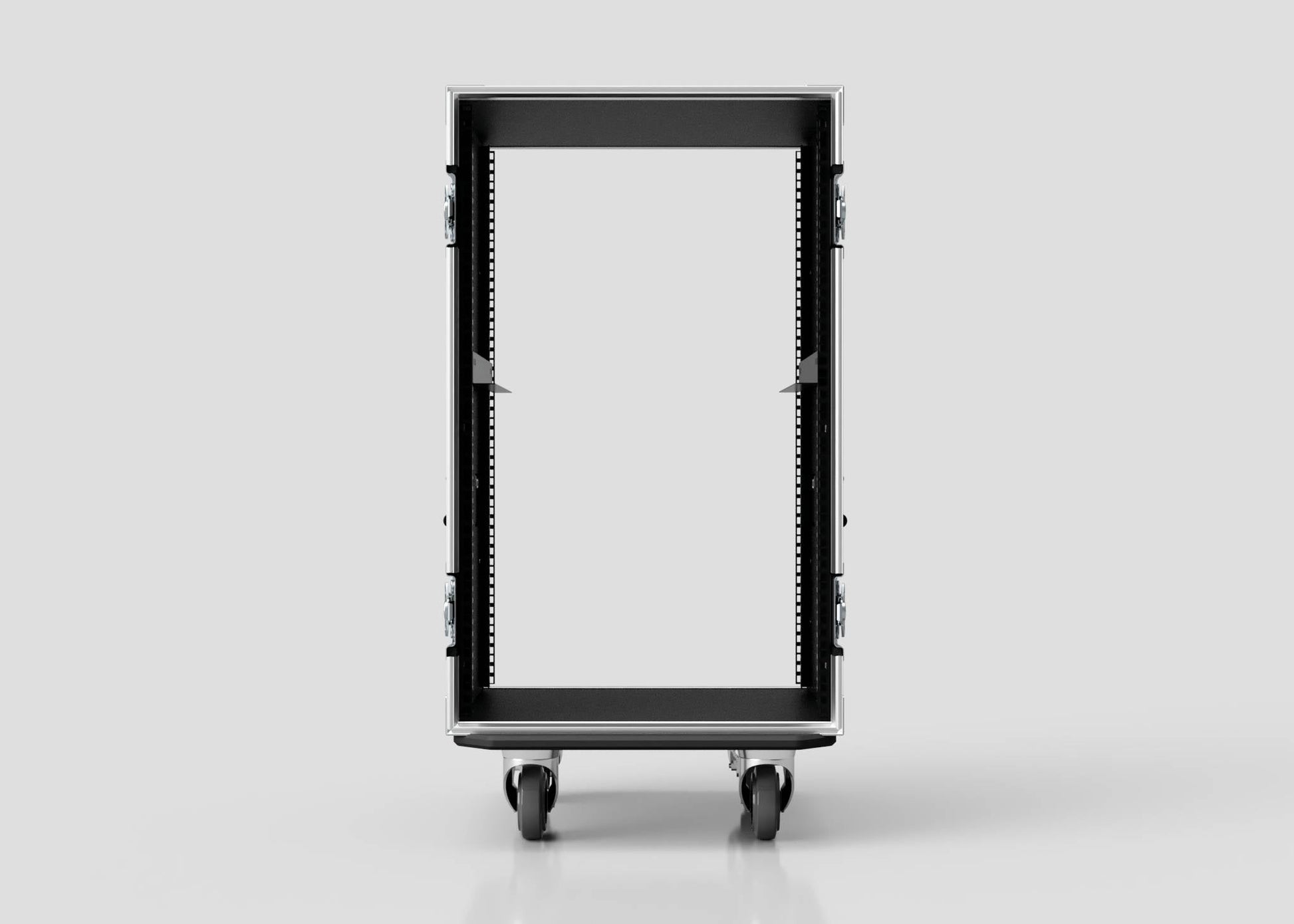 Front view of an empty 17U Standard Rack Case on wheels, showcasing its sturdy metal frame and adjustable internal rails, set against a plain light background.