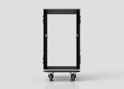 Front view of an empty 17U Standard Rack Case on wheels, showcasing its sturdy metal frame and adjustable internal rails, set against a plain light background.