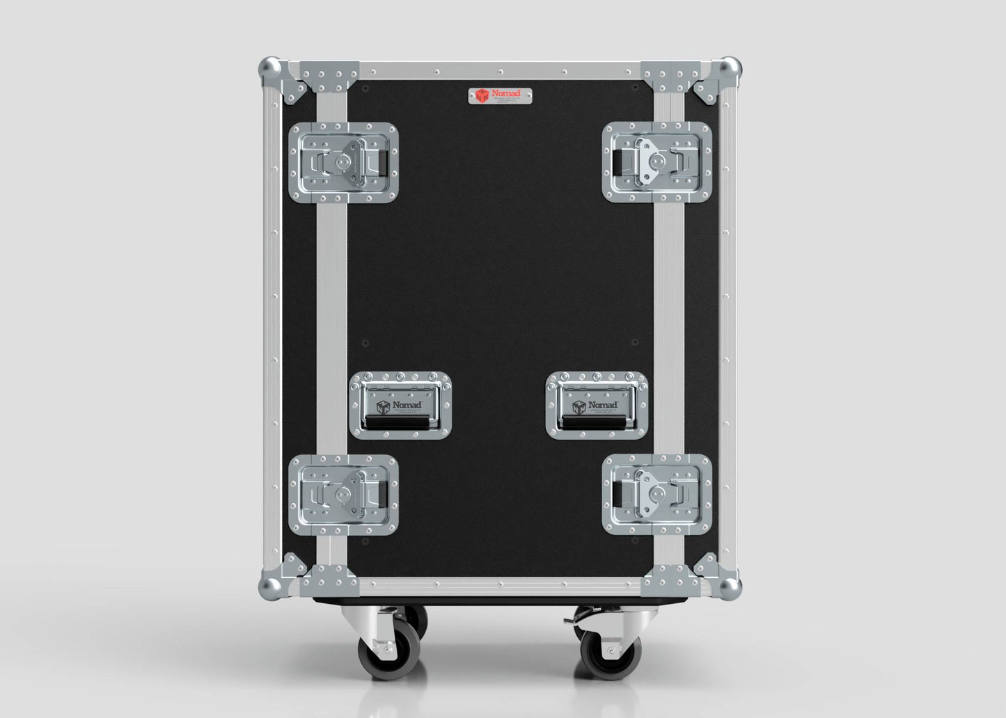 The 17U Standard Rack Case, in black and silver European Birch plywood with metal reinforcements, four latches, and caster wheels, stands against a plain light background.