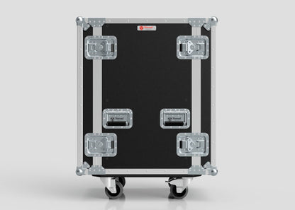 The 17U Standard Rack Case, in black and silver European Birch plywood with metal reinforcements, four latches, and caster wheels, stands against a plain light background.