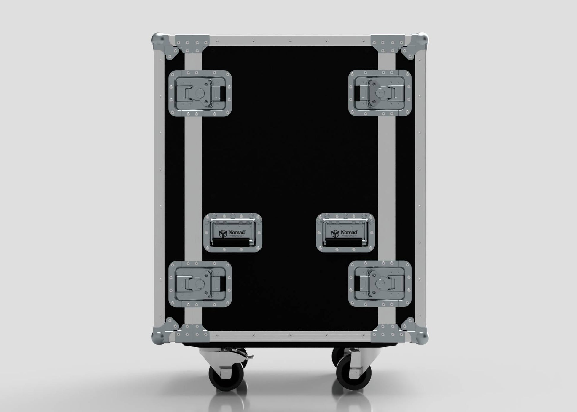 The 17U Standard Rack Case is a black equipment rack made from European Birch plywood, with metal reinforcements, four handles, and four caster wheels, pictured on a plain white background.