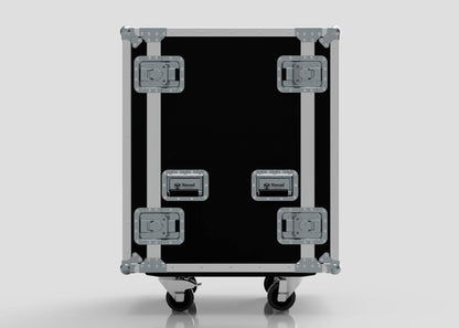 The 17U Standard Rack Case is a black equipment rack made from European Birch plywood, with metal reinforcements, four handles, and four caster wheels, pictured on a plain white background.