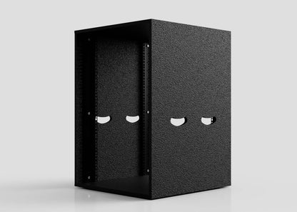 The 17U Standard Rack Sleeve, a black metal open-frame server rack with perforated cable management cutouts on the back panel, stands on a reflective white surface against a plain background.
