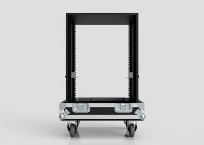 The 17U Standard Rack Sleeve With Case With Lift Off Lid is a black, open-frame equipment rack on four caster wheels, shown from the front against a plain light gray background.