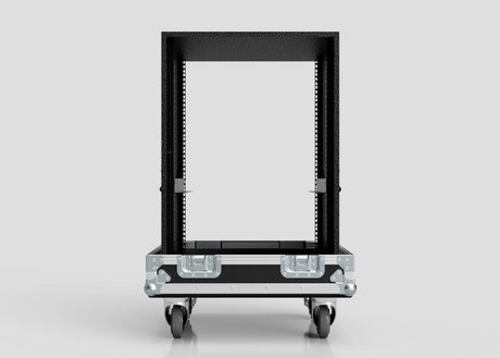 The 17U Standard Rack Sleeve With Case With Lift Off Lid is a black, open-frame equipment rack on four caster wheels, shown from the front against a plain light gray background.