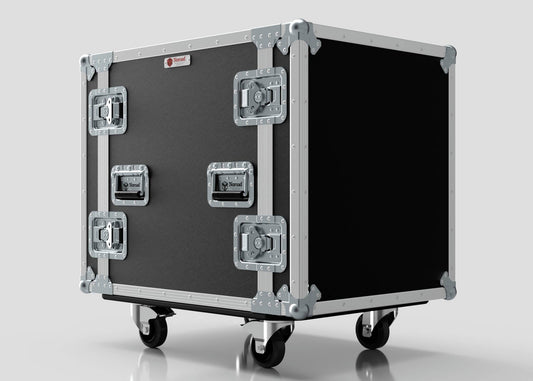 A 17U Suspended Shock Mounted Rack Case, made from European Birch plywood with metal-reinforced corners and latches, mounted on four caster wheels, is shown against a plain background.