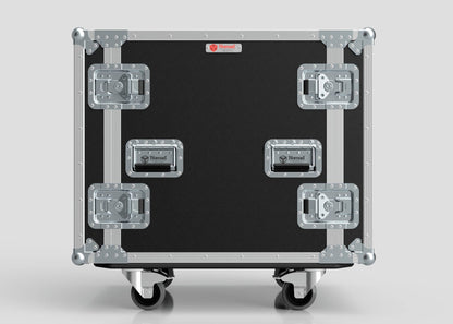 A 17U Suspended Shock Mounted Rack Case made of black European Birch plywood with silver metal reinforcements and latches stands on four caster wheels against a plain light gray background.
