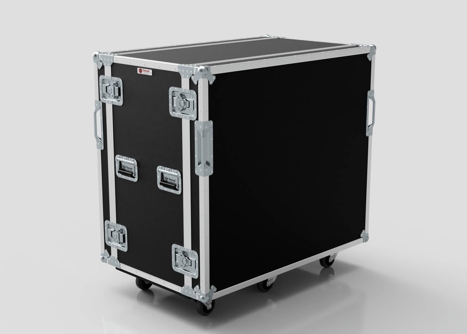 The 18U Double Bay Rack Case is a large black road case featuring metal edges, latches, handles, and four wheels, designed for safely transporting equipment.