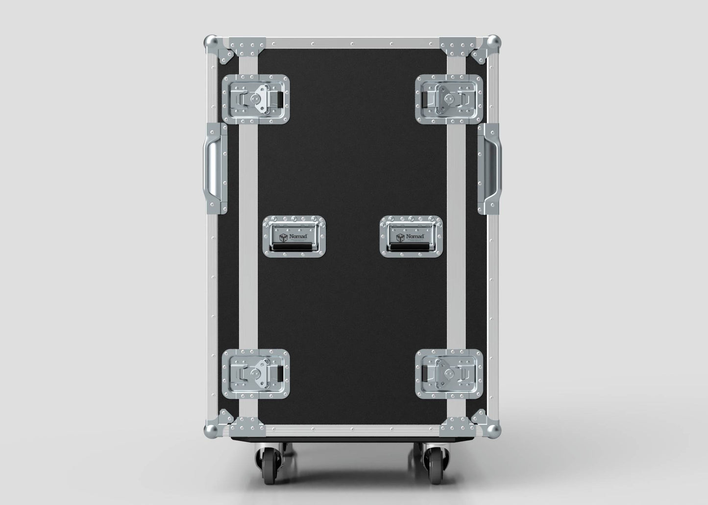 The 18U Double Bay Rack Case is a black and silver equipment road case with metal corners, four latches, two side handles, and four wheels, shown upright against a plain background.
