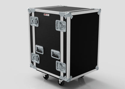 The 18U Foam Shock Mounted 19" Rack Case is a black rectangular rack case with metal reinforcements, four latches, side handles, and rolling caster wheels, shown against a plain background.