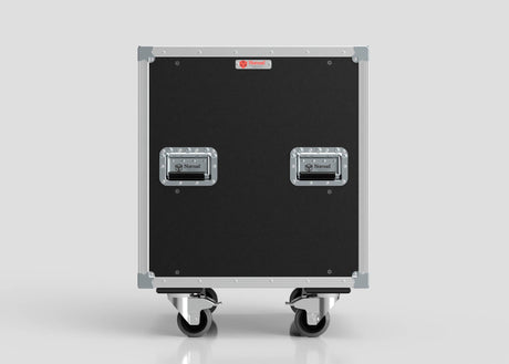 The 18U Slam Rack Case is a black and silver rolling equipment case featuring two handles and four wheels, set against a plain light gray background.