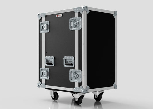 The 18U Standard Rack Case is a large black and silver unit with metal reinforcements, locking latches, and four caster wheels, shown against a plain background.