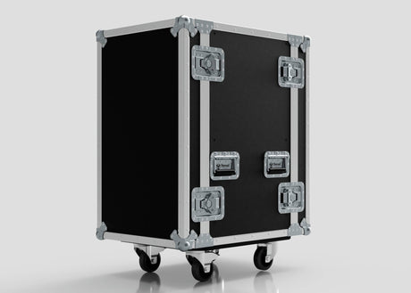 The 18U Standard Rack Case, featuring a black and silver finish, metal edges, large latches, handles, and four caster wheels, is displayed against a plain light background.