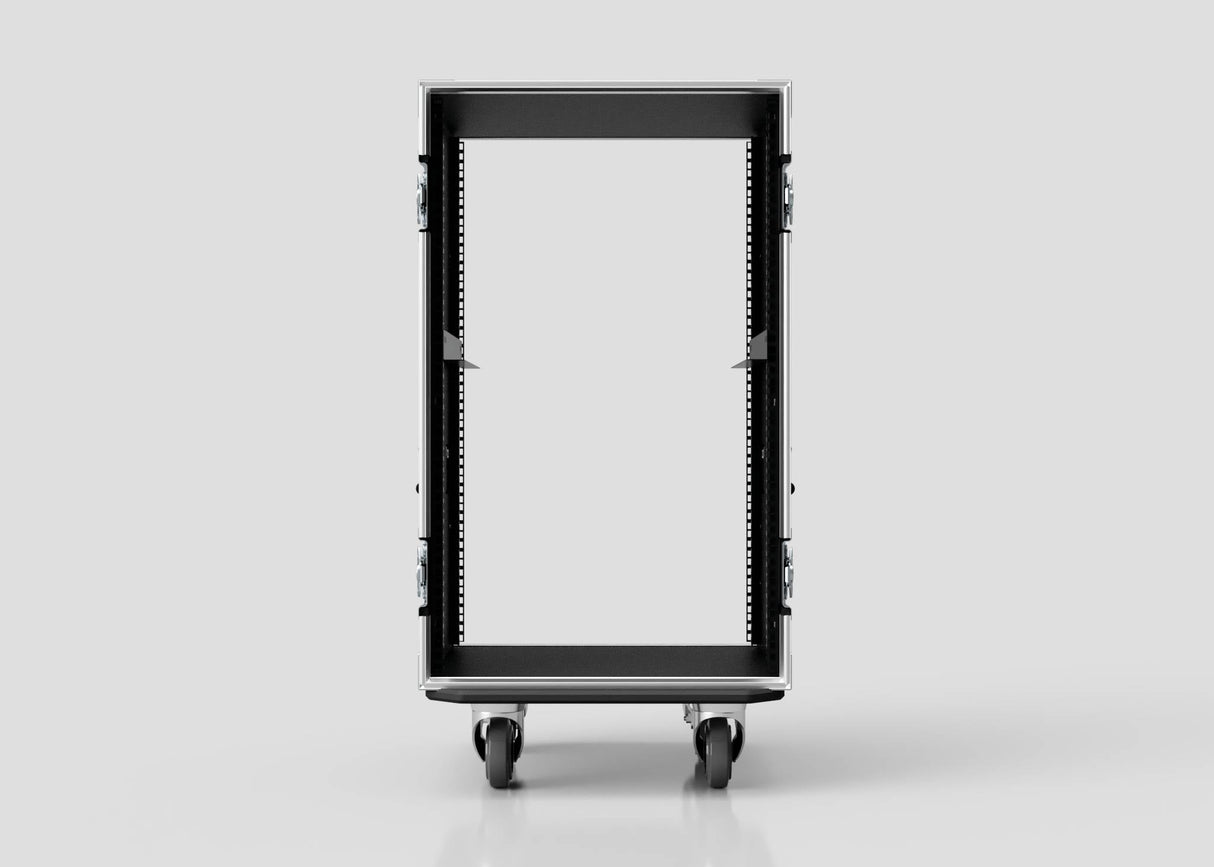 Front view of an empty 18U Standard Rack Case in black, on wheels, placed against a plain light gray background.