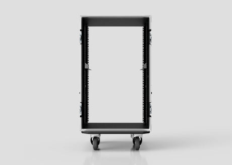 Front view of an empty 18U Standard Rack Case in black, on wheels, placed against a plain light gray background.