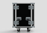 An 18U Standard Rack Case, black and rectangular with metal reinforcements, handles, and latches, stands upright on four caster wheels against a plain background.