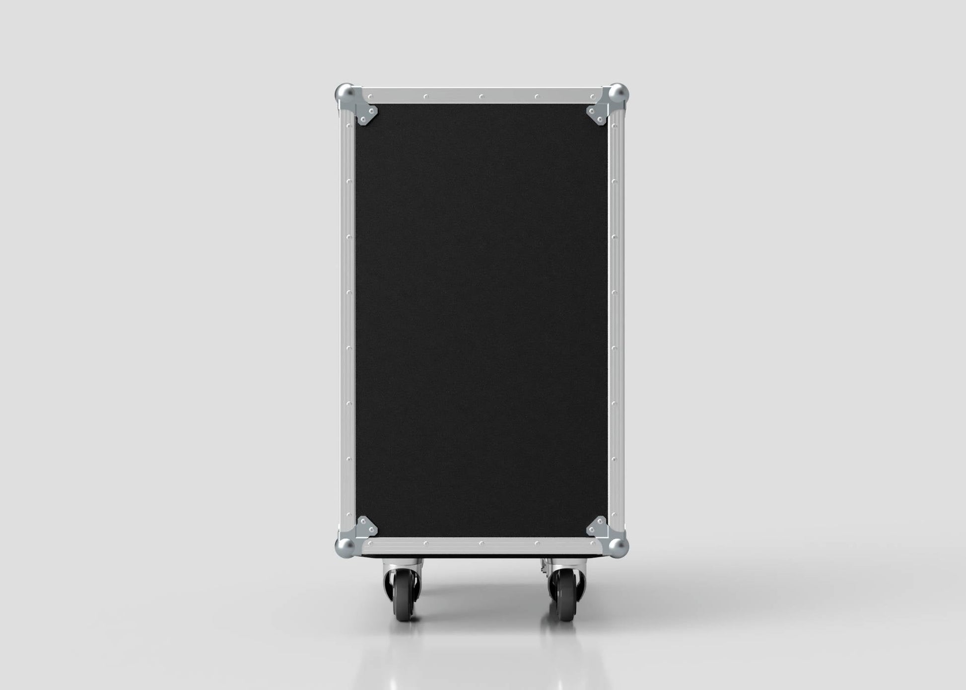The 18U Standard Rack Case, made from black birch plywood with metal edges and corners, stands upright on four wheels against a plain light gray background.