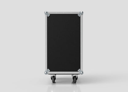 The 18U Standard Rack Case, made from black birch plywood with metal edges and corners, stands upright on four wheels against a plain light gray background.
