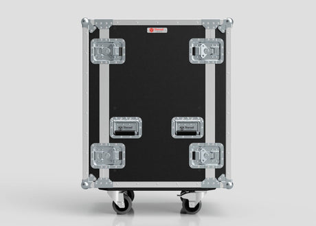 The 18U Standard Rack Case features black and silver birch plywood, reinforced metal edges, four latches, and wheels, shown against a plain background.