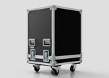 The 18U Standard Rack Sleeve With Case With Lift Off Lid is a black and silver hard equipment case on caster wheels, featuring metal corner reinforcements and latch handles, set against a plain light background.