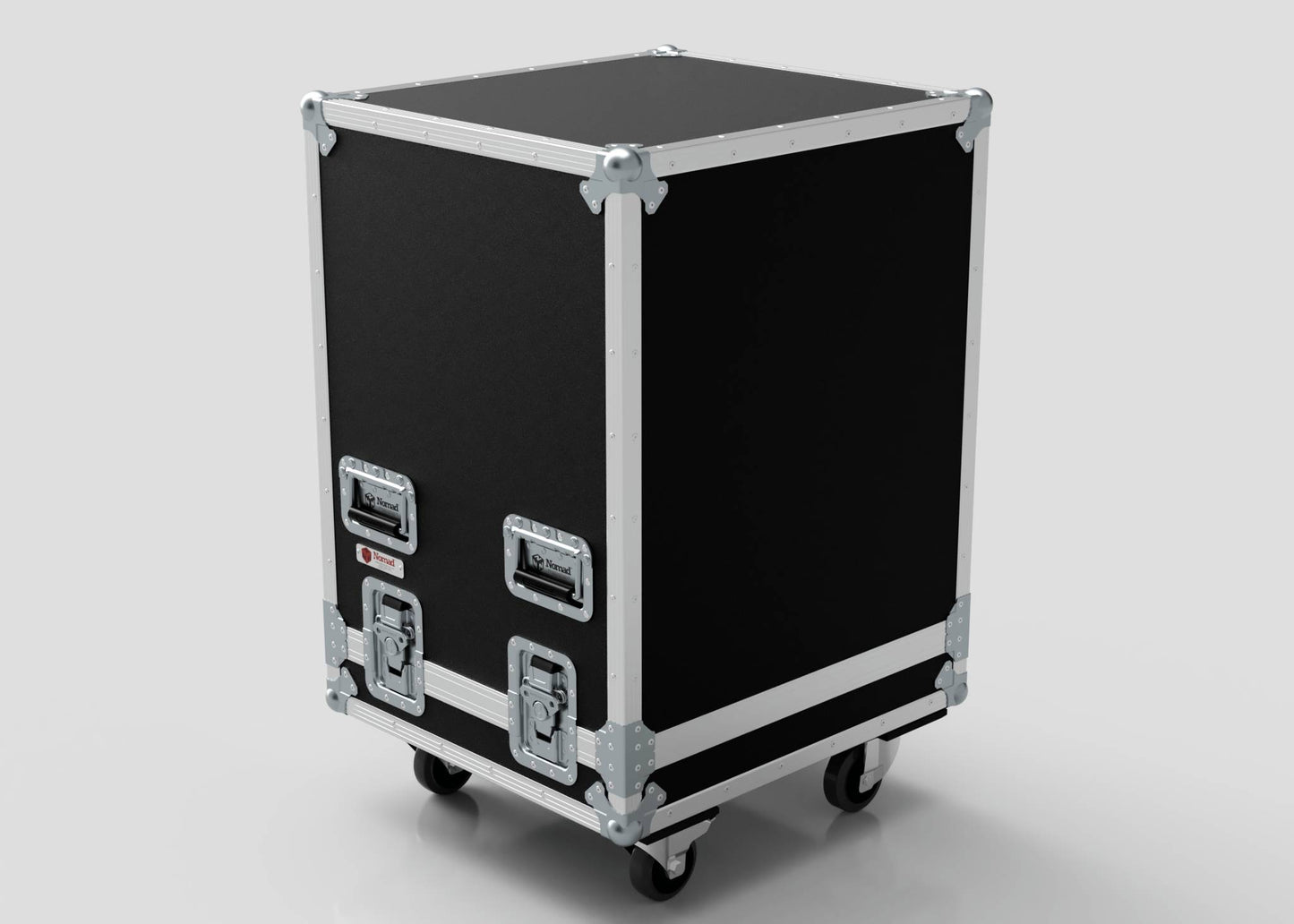 The 18U Standard Rack Sleeve With Case With Lift Off Lid is black with metal edges, corner protectors, two handles, two latches, and four caster wheels, shown against a light background.
