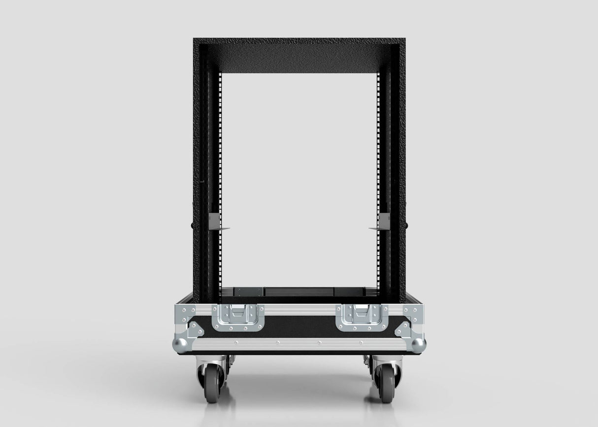 An 18U Standard Rack Sleeve with Case and Lift Off Lid, black metal with an open front, is mounted on four caster wheels and displayed against a plain gray background.