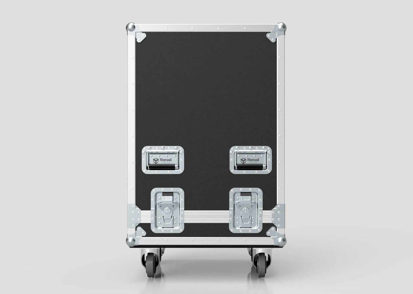 18U Standard Rack Sleeve With Case With Lift Off Lid in black and silver, featuring metal edges, latches, and wheels. Photographed against a plain light background.