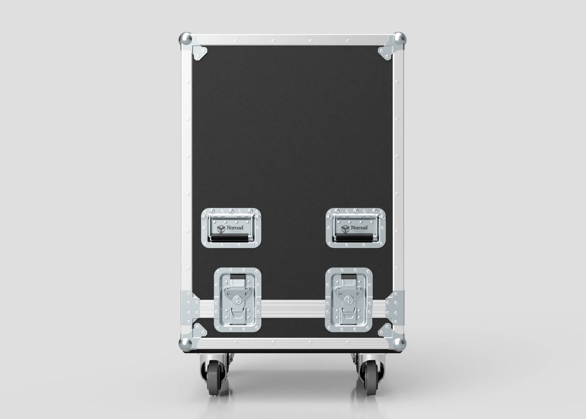 18U Standard Rack Sleeve With Case With Lift Off Lid in black and silver, featuring metal edges, latches, and wheels. Photographed against a plain light background.