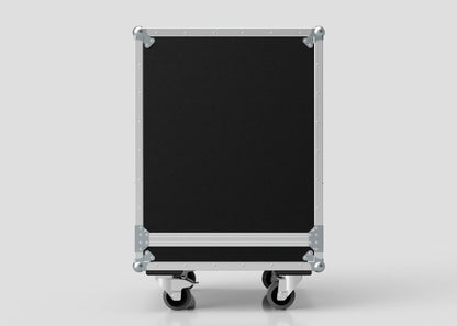 The 18U Standard Rack Sleeve With Case With Lift Off Lid, a large black case with metal edges and corners on four caster wheels, is displayed against a plain light gray background.