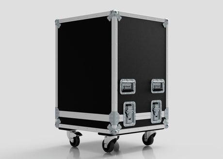 The 18U Standard Rack Sleeve with Case and Lift-Off Lid is a large black and silver case featuring metal corners, sturdy handles, secure latches, and four caster wheels, shown against a plain background.
