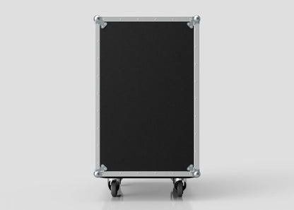 The 18U Suspended Shock Mounted Rack Case is a black rectangular case with metal edges and corners, shock-mounted racks for equipment security, and four caster wheels, shown upright against a plain light background.