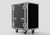 The 18U Suspended Shock Mounted Rack Case is a large black case with metal reinforcements, handles, caster wheels, and anti-vibration mounts for secure equipment, shown against a plain background.