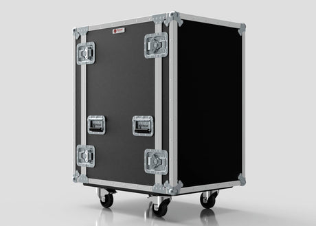 The 18U Suspended Shock Mounted Rack Case is a large black case with metal reinforcements, handles, caster wheels, and anti-vibration mounts for secure equipment, shown against a plain background.