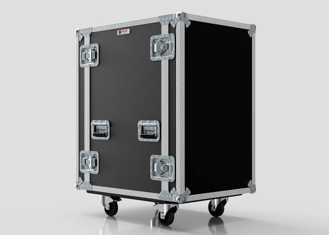 The 18U Suspended Shock Mounted Rack Case is a large black case with metal reinforcements, handles, caster wheels, and anti-vibration mounts for secure equipment, shown against a plain background.