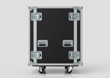 The 18U Suspended Shock Mounted Rack Case features a large black and silver design with metal corners, latches, handles, wheels, and shock-mounted racks for extra equipment security, shown against a plain light background.