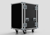 The 18U Suspended Shock Mounted Rack Case is a large black flight case with silver metal edges and hardware, equipped with shock-mounted racks for equipment protection, mounted on four caster wheels, and set against a plain light background.