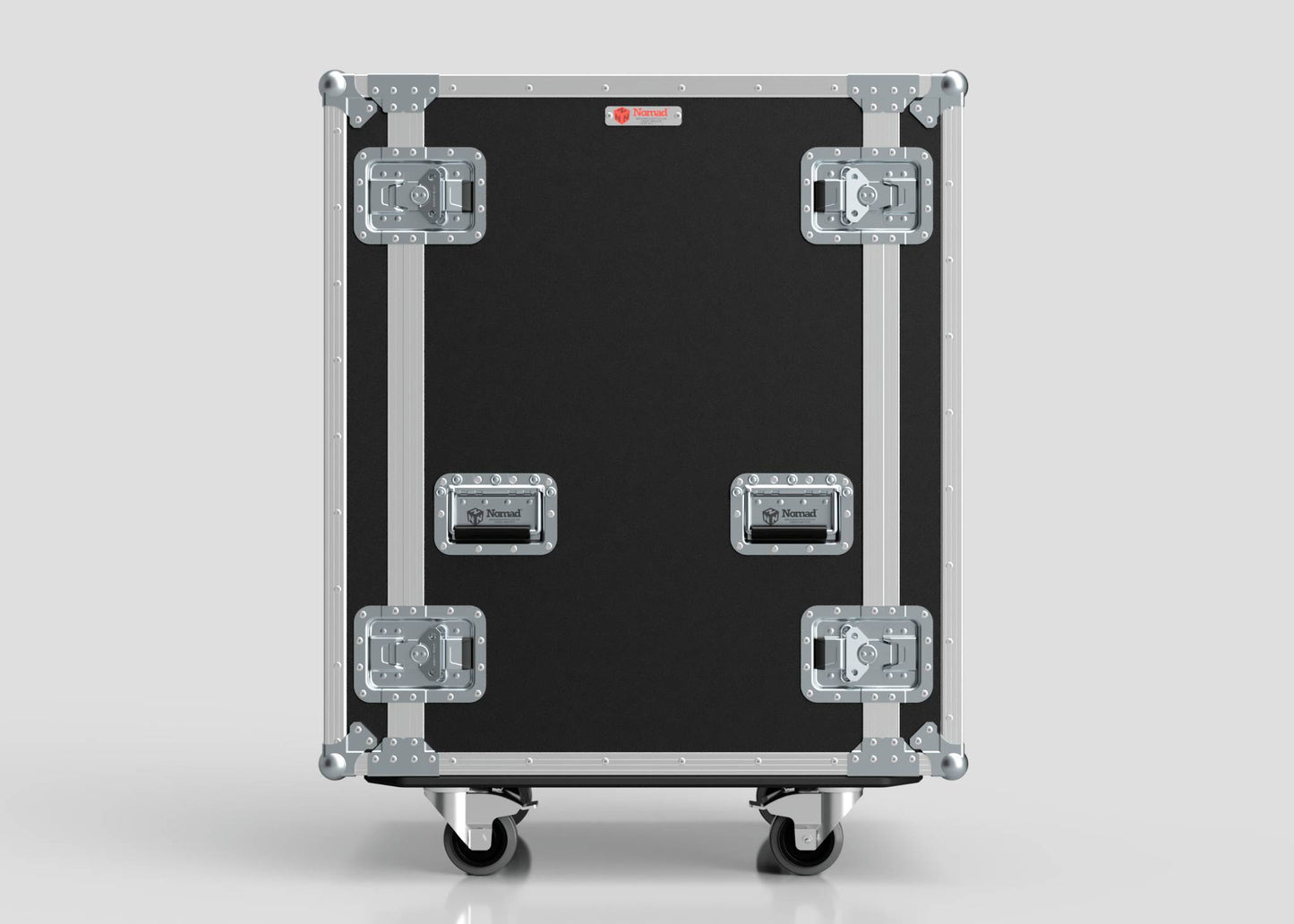 The 18U Suspended Shock Mounted Rack Case, featuring black and silver metal reinforcements, handles, latches, wheels, and shock mounted racks for superior equipment security, is shown against a plain light gray background.