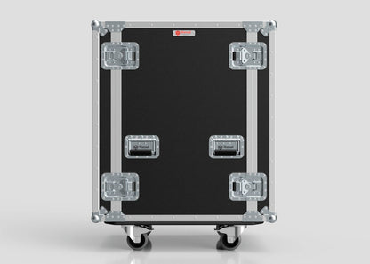 The 18U Suspended Shock Mounted Rack Case, featuring black and silver metal reinforcements, handles, latches, wheels, and shock mounted racks for superior equipment security, is shown against a plain light gray background.
