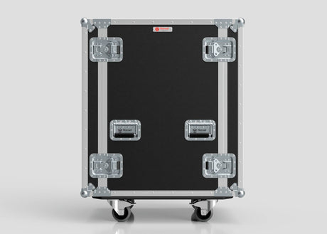 The 18U Suspended Shock Mounted Rack Case, featuring black and silver metal reinforcements, handles, latches, wheels, and shock mounted racks for superior equipment security, is shown against a plain light gray background.